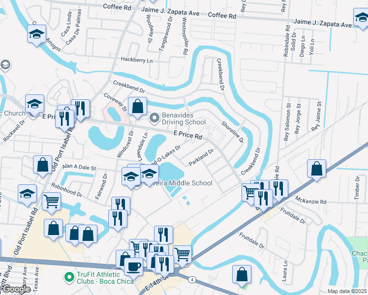 map of restaurants, bars, coffee shops, grocery stores, and more near 628 Land-O-Lakes Drive in Brownsville