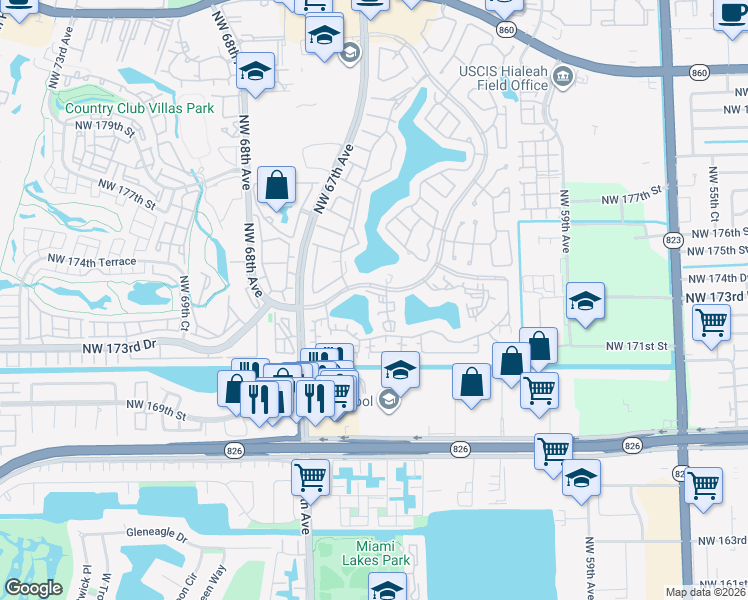 map of restaurants, bars, coffee shops, grocery stores, and more near 17240 Northwest 64th Avenue in Hialeah