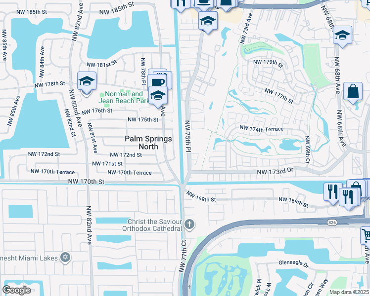 map of restaurants, bars, coffee shops, grocery stores, and more near 17400 Northwest 76th Court in Hialeah