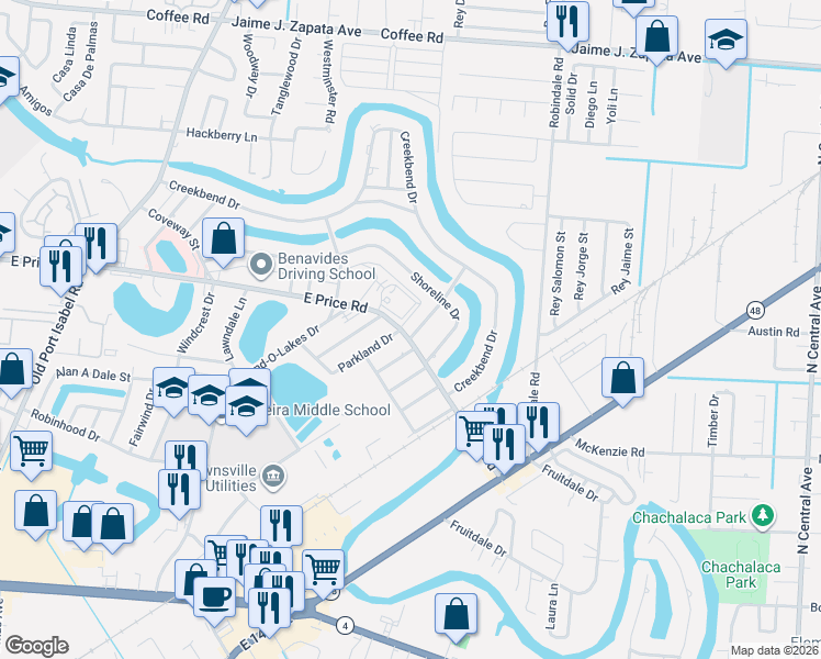 map of restaurants, bars, coffee shops, grocery stores, and more near 288 East Price Road in Brownsville