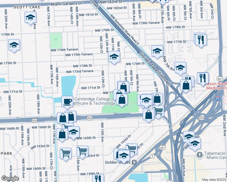 map of restaurants, bars, coffee shops, grocery stores, and more near 17030 Northwest 11th Avenue in Miami Gardens