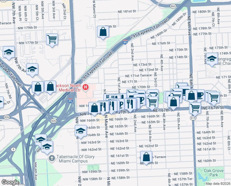 map of restaurants, bars, coffee shops, grocery stores, and more near 76 Northeast 170th Street in North Miami Beach