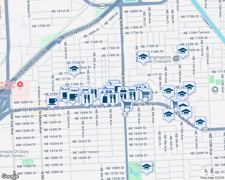 map of restaurants, bars, coffee shops, grocery stores, and more near 510 Northeast 169th Street in North Miami Beach