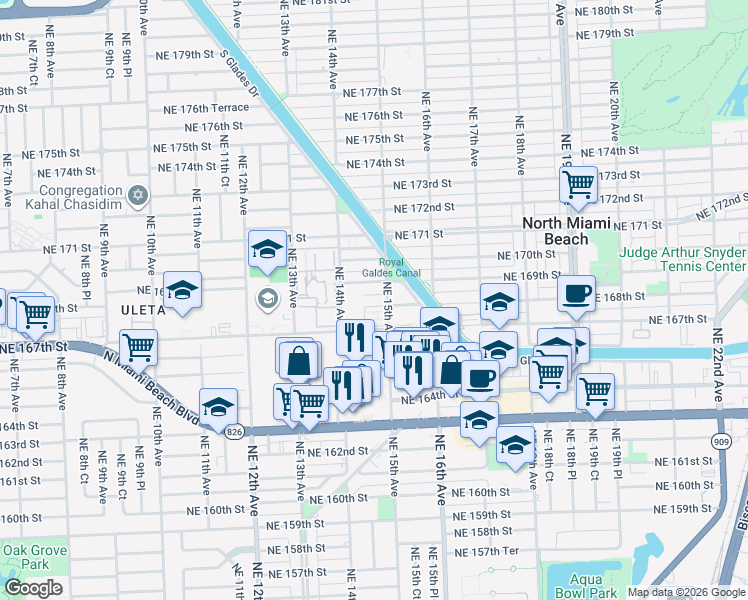 map of restaurants, bars, coffee shops, grocery stores, and more near 16800 Northeast 15th Avenue in North Miami Beach