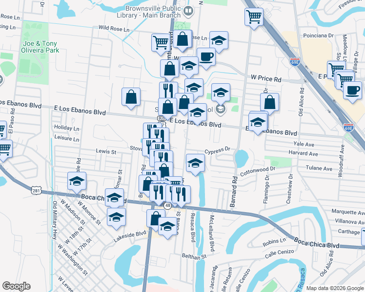 map of restaurants, bars, coffee shops, grocery stores, and more near 1915 North Coria Street in Brownsville
