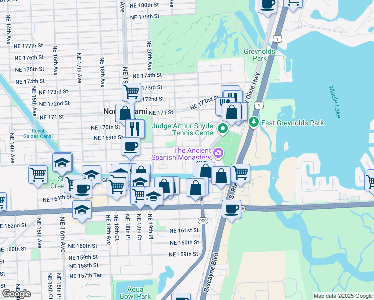 map of restaurants, bars, coffee shops, grocery stores, and more near 2158 Northeast 168th Street in North Miami Beach