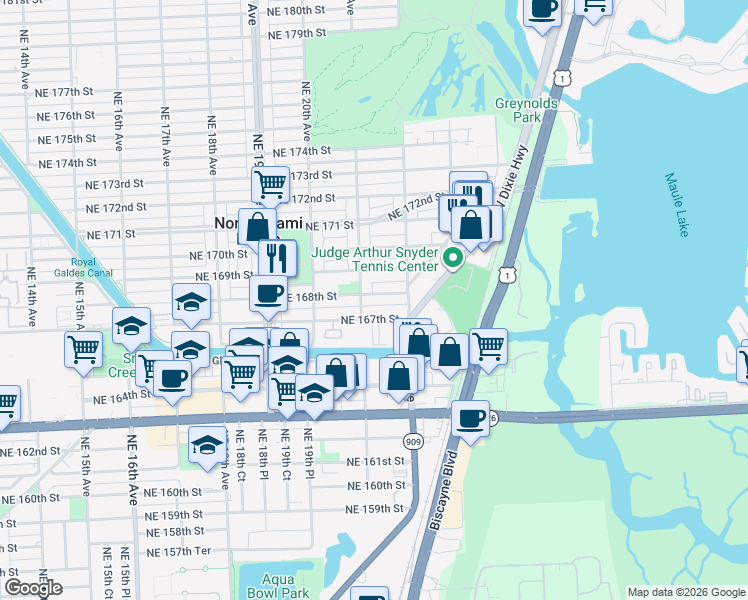 map of restaurants, bars, coffee shops, grocery stores, and more near 2158 Northeast 168th Street in North Miami Beach