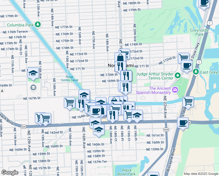 map of restaurants, bars, coffee shops, grocery stores, and more near 1793 Northeast 168th Street in North Miami Beach
