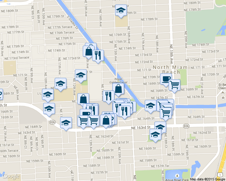 map of restaurants, bars, coffee shops, grocery stores, and more near 16800 Northeast 15th Avenue in North Miami Beach