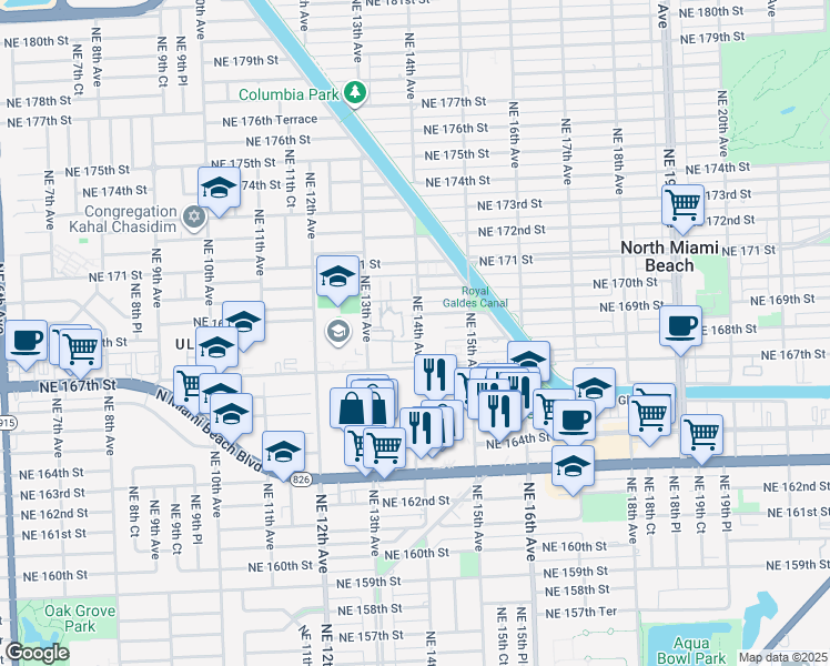 map of restaurants, bars, coffee shops, grocery stores, and more near 16801 Northeast 14th Avenue in Miami