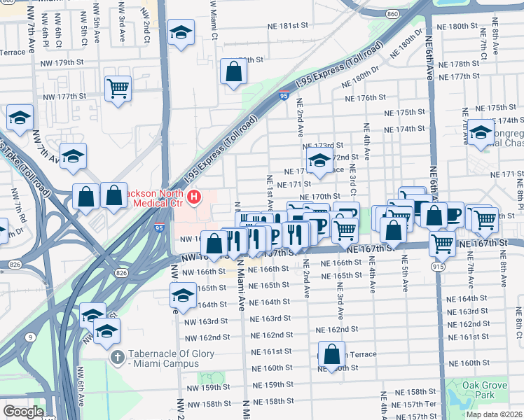 map of restaurants, bars, coffee shops, grocery stores, and more near 76 Northeast 170th Street in North Miami Beach