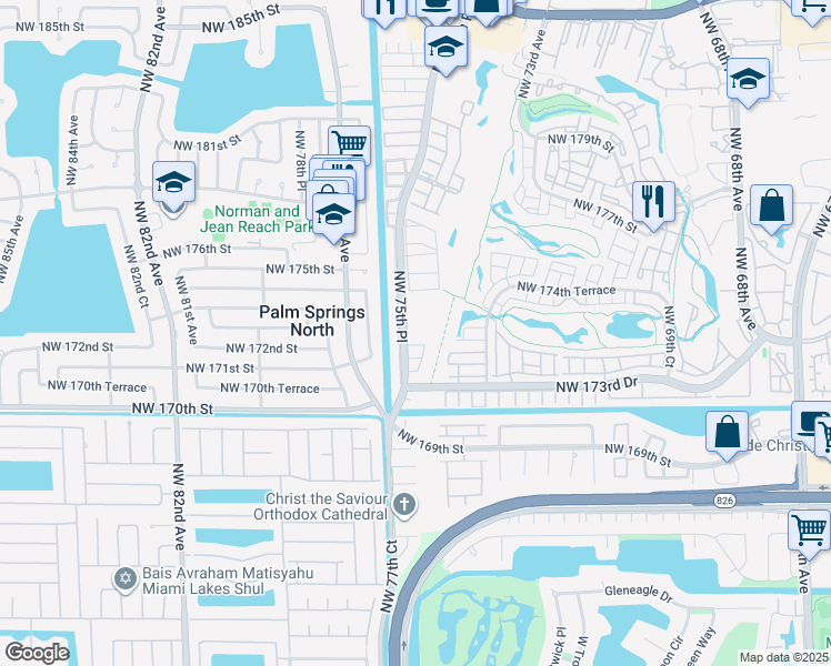 map of restaurants, bars, coffee shops, grocery stores, and more near 17400 Northwest 76th Court in Hialeah