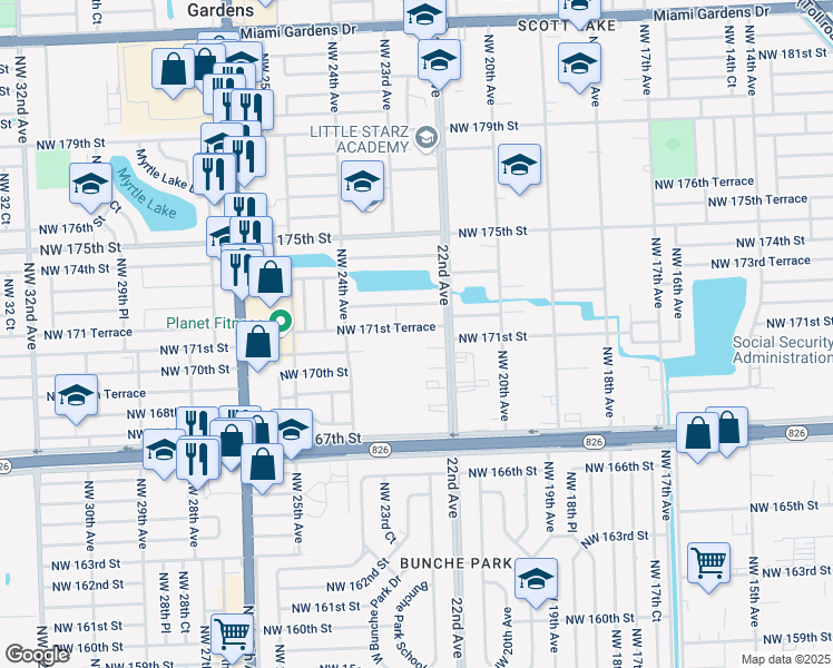 map of restaurants, bars, coffee shops, grocery stores, and more near 2260 Northwest 171st Terrace in Miami Gardens