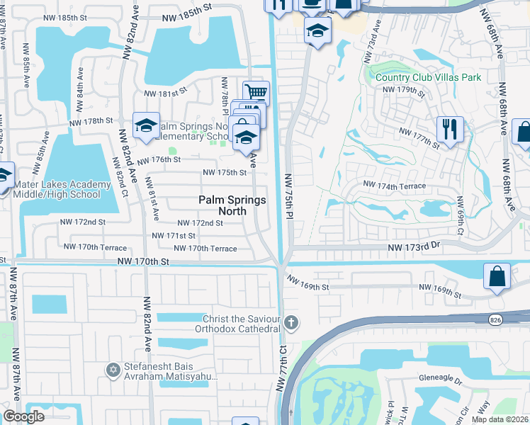map of restaurants, bars, coffee shops, grocery stores, and more near 17200 Northwest 77th Court in Hialeah