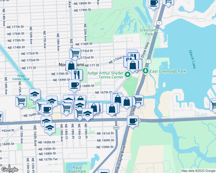 map of restaurants, bars, coffee shops, grocery stores, and more near 2158 Northeast 168th Street in North Miami Beach