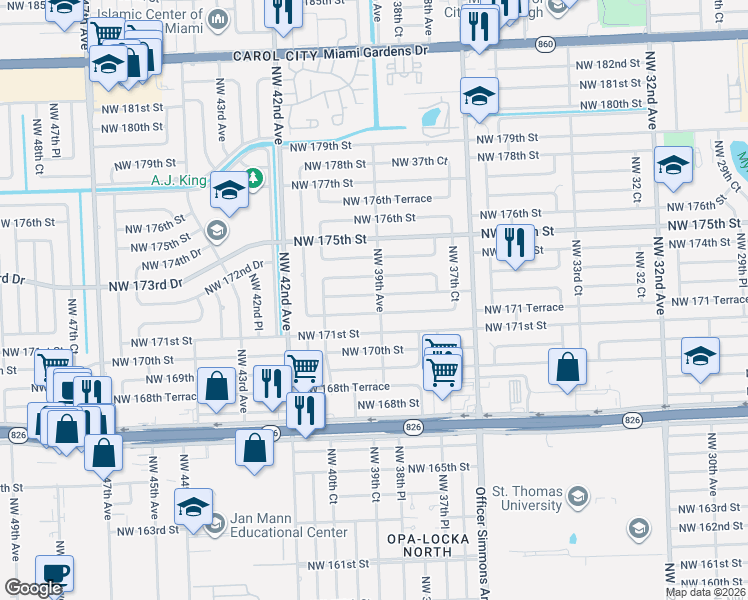 map of restaurants, bars, coffee shops, grocery stores, and more near 3900 Northwest 172nd Terrace in Miami Gardens