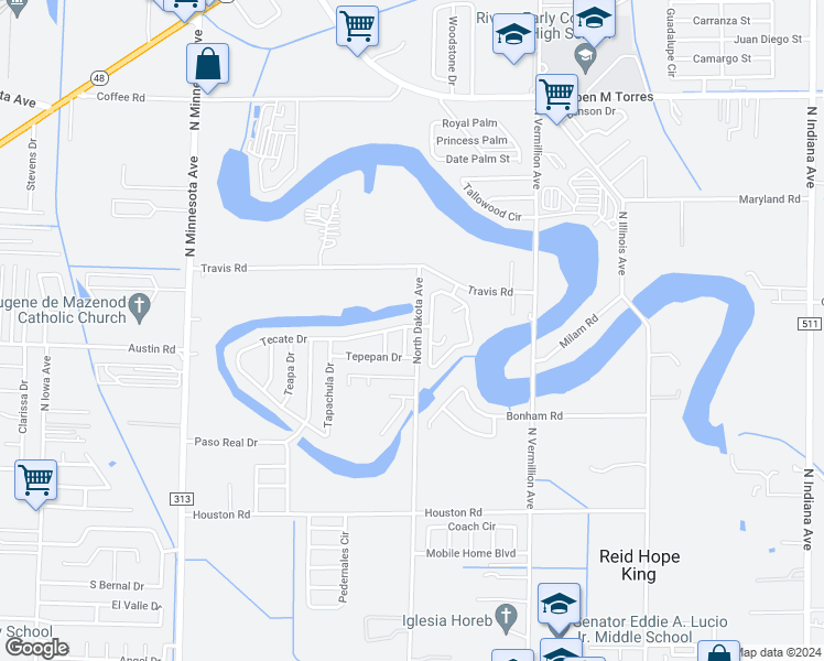 map of restaurants, bars, coffee shops, grocery stores, and more near 5860 Tepic Drive in Brownsville