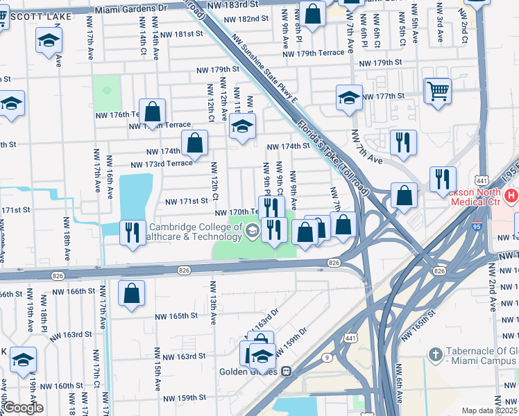 map of restaurants, bars, coffee shops, grocery stores, and more near 17030 Northwest 9th Place in Miami