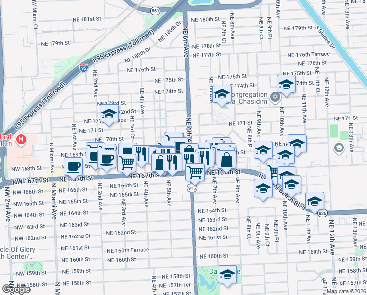 map of restaurants, bars, coffee shops, grocery stores, and more near 16722 Northeast 6th Avenue in North Miami Beach