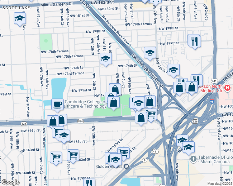 map of restaurants, bars, coffee shops, grocery stores, and more near 17030 Northwest 9th Place in Miami