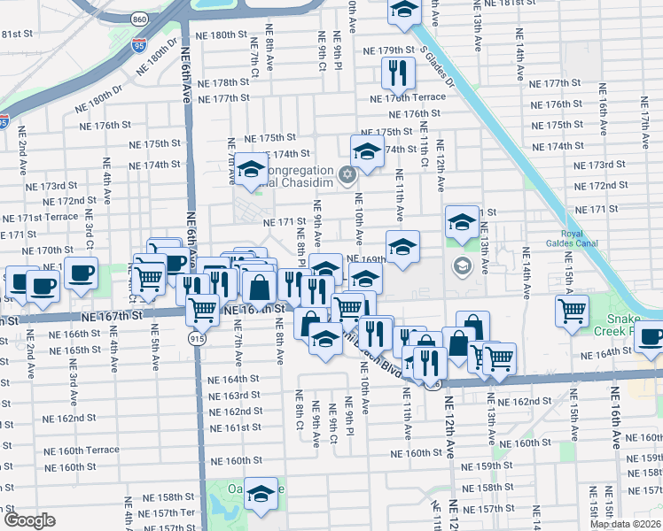 map of restaurants, bars, coffee shops, grocery stores, and more near in North Miami Beach