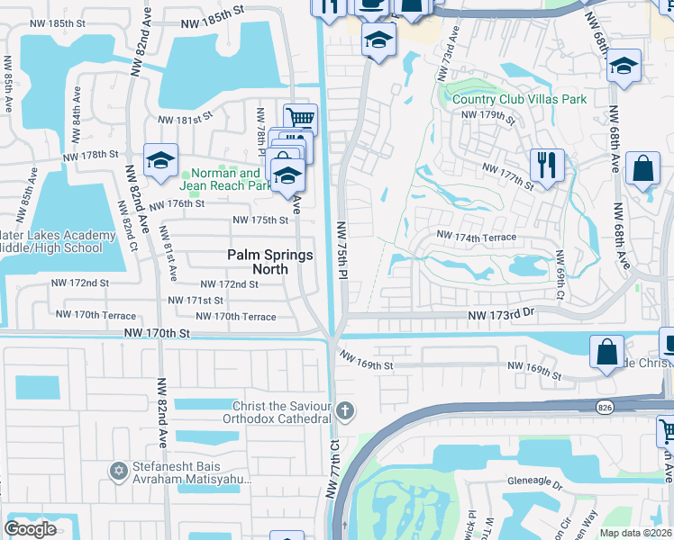 map of restaurants, bars, coffee shops, grocery stores, and more near 17400 Northwest 76th Court in Hialeah