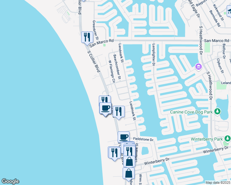 map of restaurants, bars, coffee shops, grocery stores, and more near 290 West Flamingo Circle in Marco Island