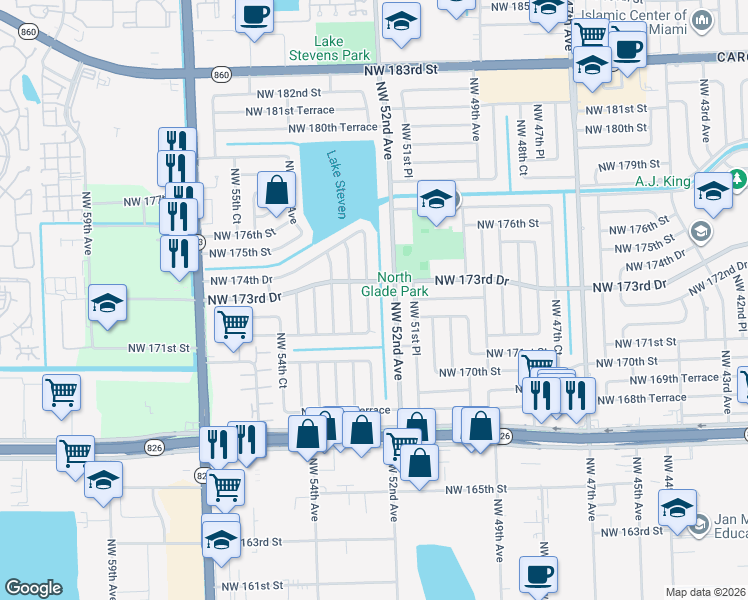 map of restaurants, bars, coffee shops, grocery stores, and more near 17301 Northwest 52nd Place in Miami Gardens