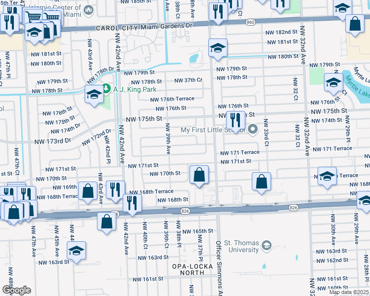 map of restaurants, bars, coffee shops, grocery stores, and more near 3830 Northwest 172nd Terrace in Miami Gardens