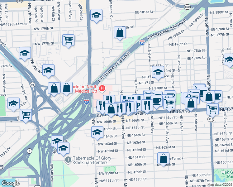 map of restaurants, bars, coffee shops, grocery stores, and more near 16982 North Miami Avenue in North Miami Beach