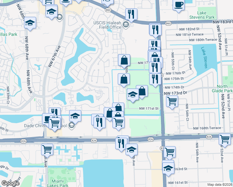 map of restaurants, bars, coffee shops, grocery stores, and more near 5961 Northwest 173rd Drive in Hialeah