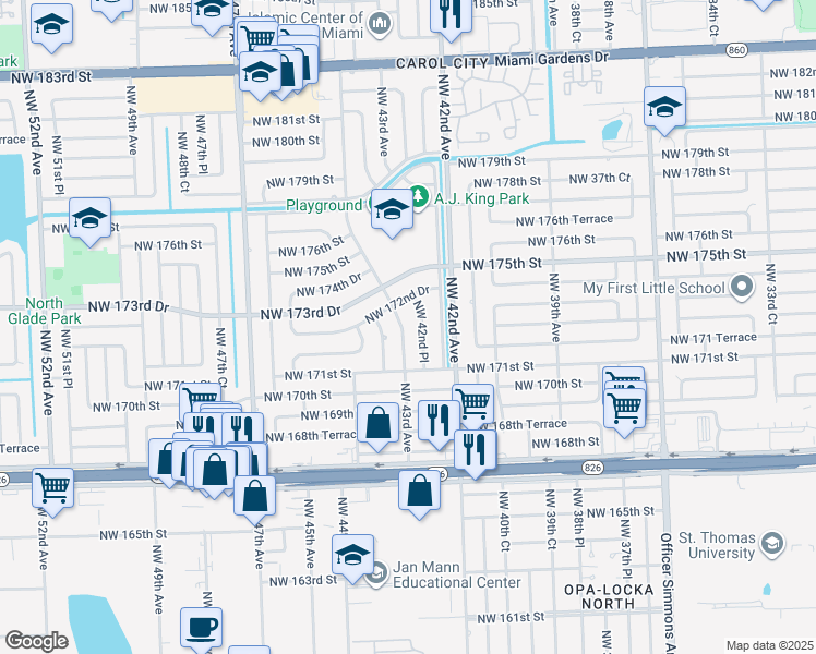 map of restaurants, bars, coffee shops, grocery stores, and more near 17210 Northwest 43rd Avenue in Miami Gardens