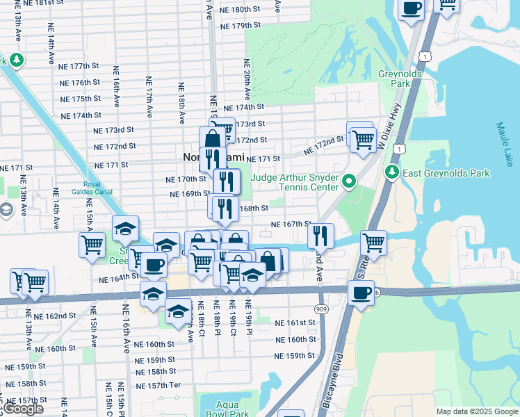 map of restaurants, bars, coffee shops, grocery stores, and more near 16791 Northeast 20th Avenue in North Miami Beach