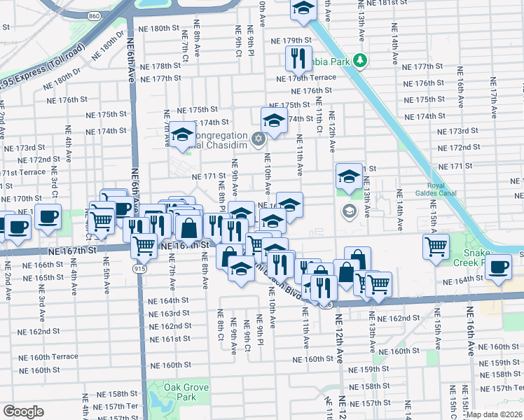 map of restaurants, bars, coffee shops, grocery stores, and more near in North Miami Beach