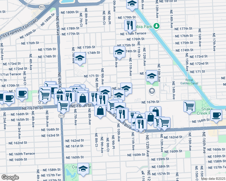 map of restaurants, bars, coffee shops, grocery stores, and more near in North Miami Beach
