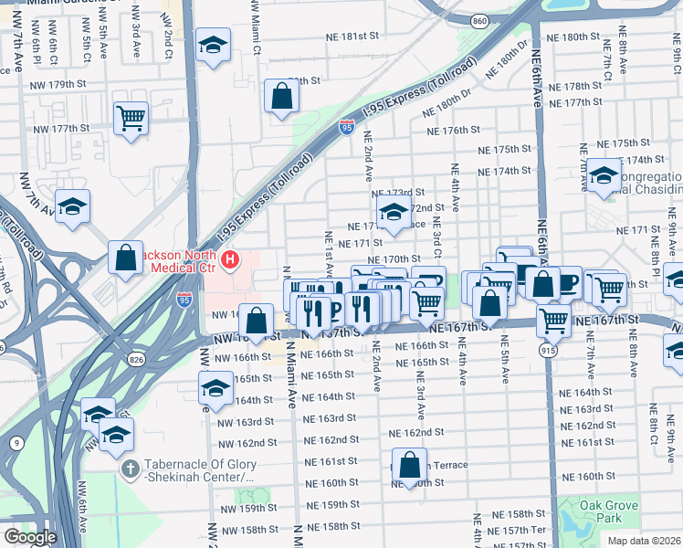 map of restaurants, bars, coffee shops, grocery stores, and more near 141 Northeast 169th Terrace in North Miami Beach