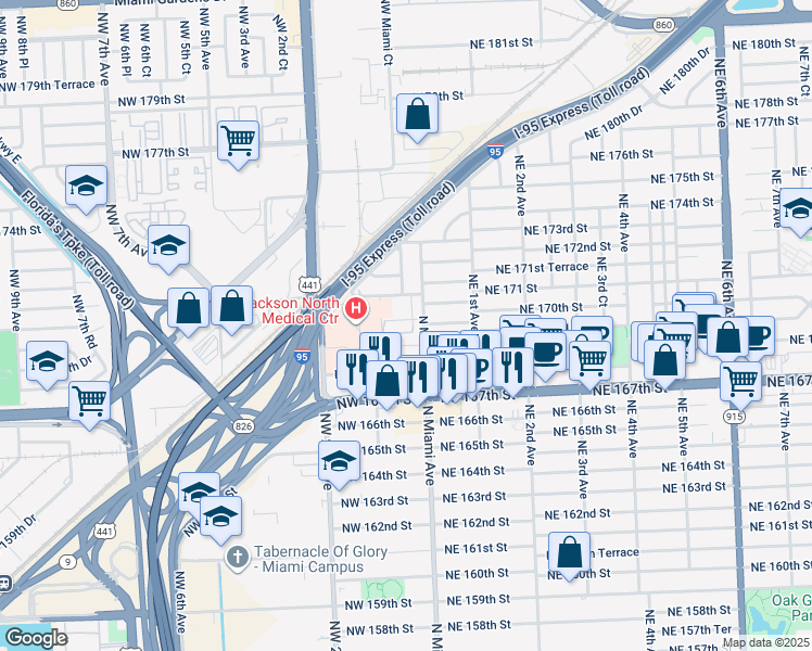 map of restaurants, bars, coffee shops, grocery stores, and more near 16982 North Miami Avenue in North Miami Beach