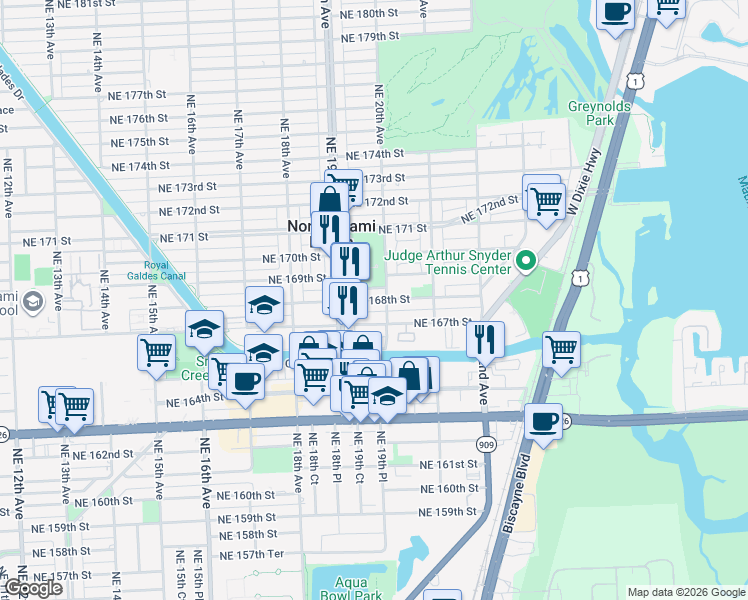 map of restaurants, bars, coffee shops, grocery stores, and more near 16791 Northeast 20th Avenue in North Miami Beach