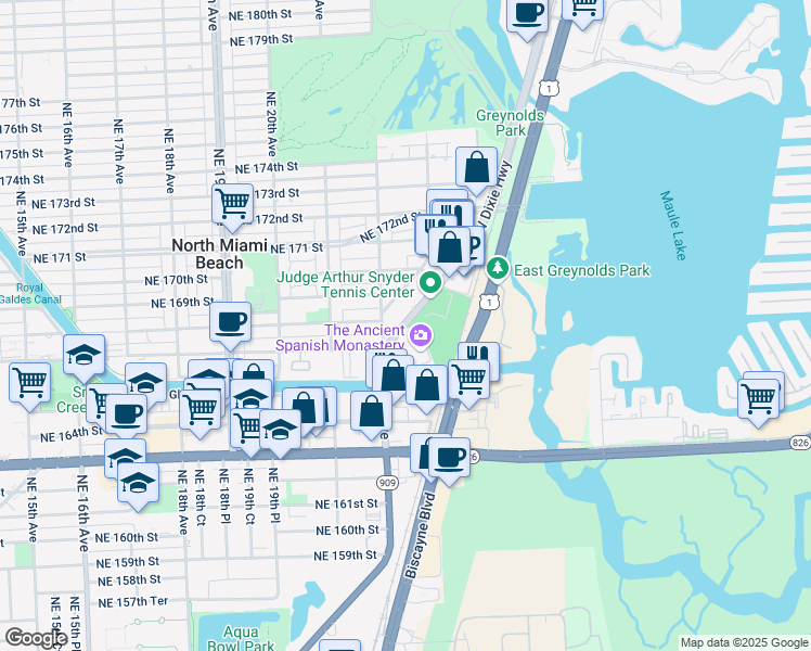 map of restaurants, bars, coffee shops, grocery stores, and more near 16771 Dixie Highway in North Miami Beach