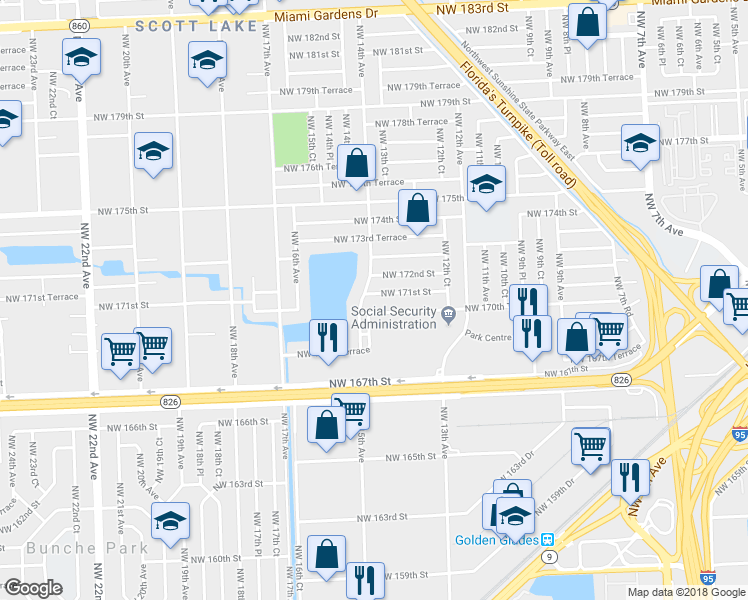 map of restaurants, bars, coffee shops, grocery stores, and more near 1380 Northwest 171st Street in Miami