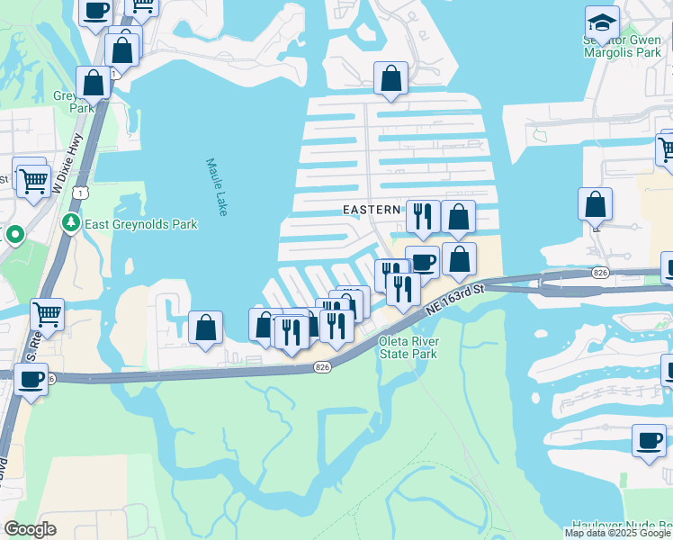 map of restaurants, bars, coffee shops, grocery stores, and more near 16464 Northeast 33rd Avenue in North Miami Beach