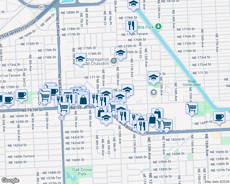 map of restaurants, bars, coffee shops, grocery stores, and more near 980 Northeast 169th Street in Miami