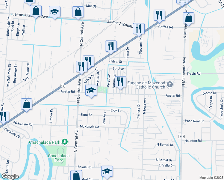 map of restaurants, bars, coffee shops, grocery stores, and more near 1115 Norma Lane in Brownsville
