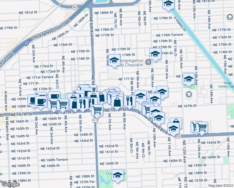 map of restaurants, bars, coffee shops, grocery stores, and more near 751 Northeast 168th Street in North Miami Beach