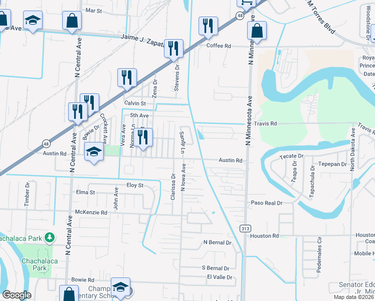 map of restaurants, bars, coffee shops, grocery stores, and more near 1104 Sandy Lane in Brownsville