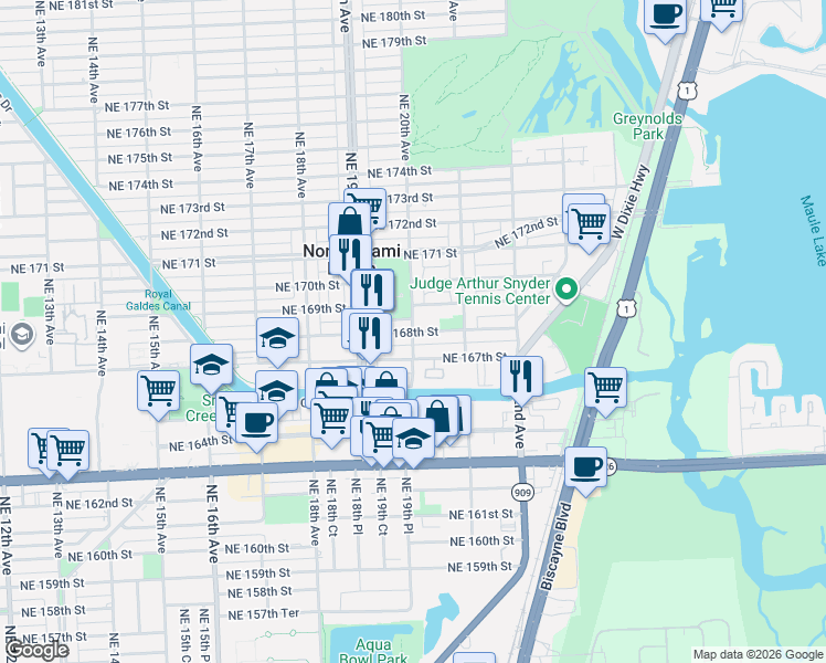 map of restaurants, bars, coffee shops, grocery stores, and more near 16791 Northeast 20th Avenue in North Miami Beach