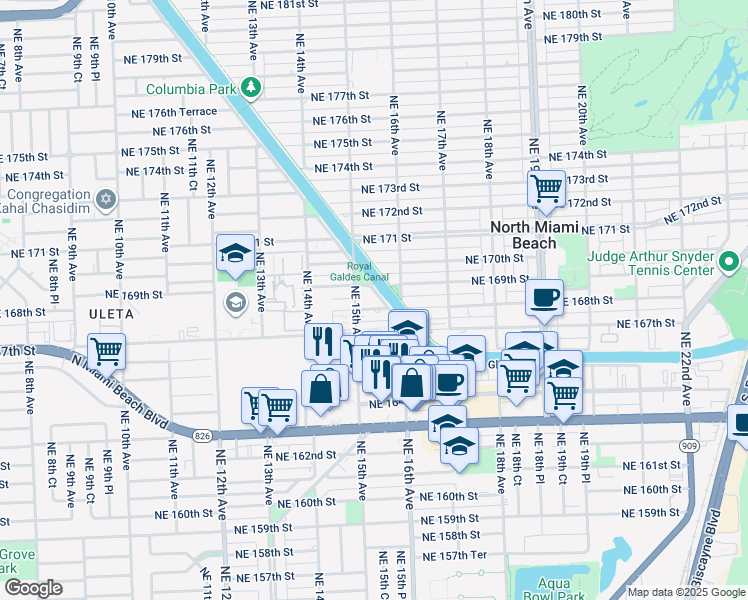 map of restaurants, bars, coffee shops, grocery stores, and more near 1500-1598 Northeast 168th Street in North Miami Beach