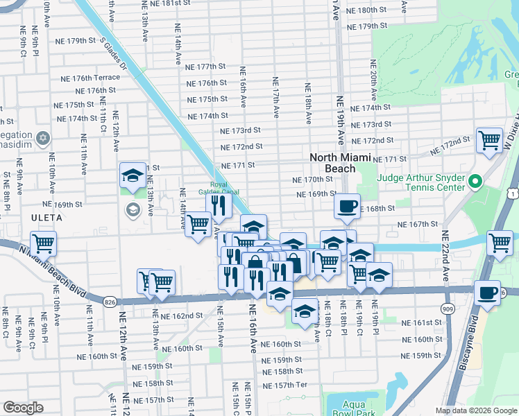map of restaurants, bars, coffee shops, grocery stores, and more near 1635 Northeast 168th Street in North Miami Beach