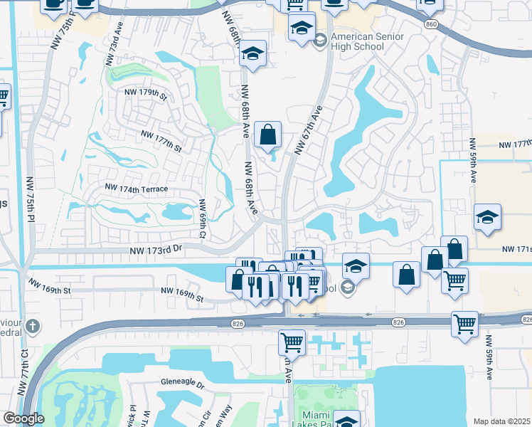 map of restaurants, bars, coffee shops, grocery stores, and more near 17320 Northwest 67th Place in Hialeah
