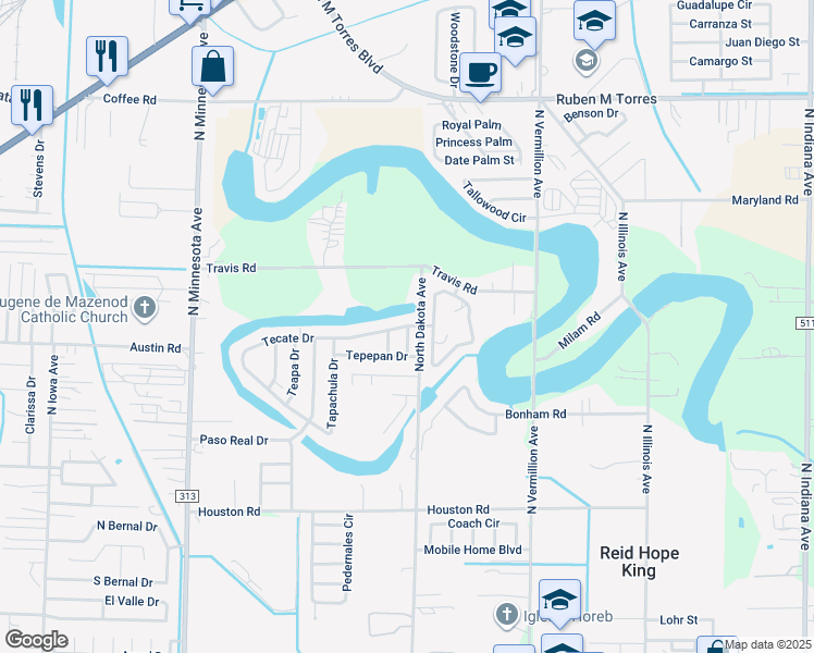 map of restaurants, bars, coffee shops, grocery stores, and more near 6374 Tecate Dr in Brownsville